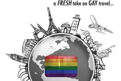 cover of gaycation magazine with a rainbow suitcase in the middle of a black and white globe of the world gay travel issue