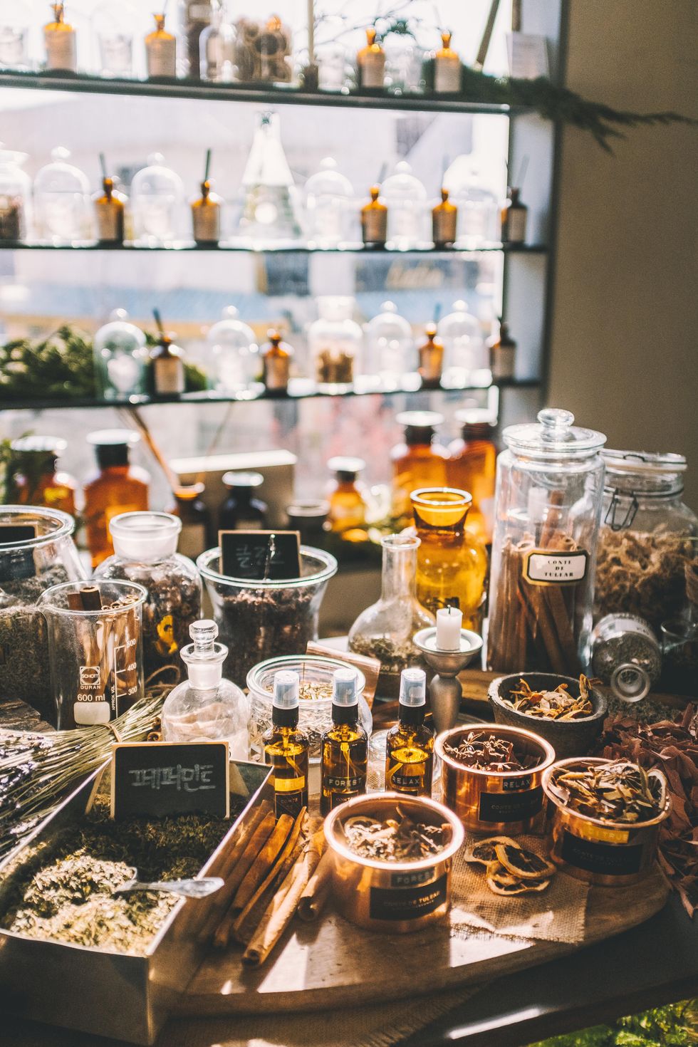 herbal products dried and in bottles