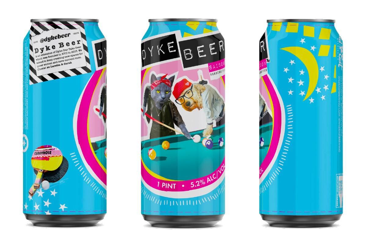 three cans of dyke beer in different positions that shows the can design