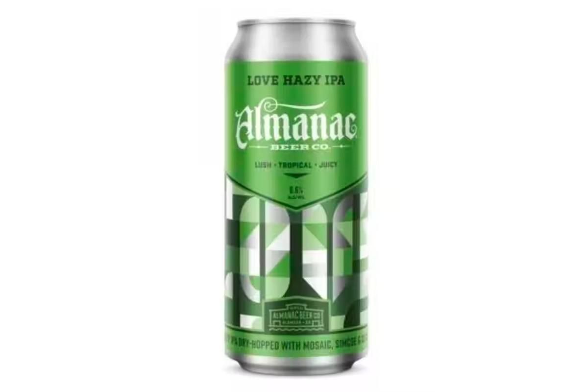 can of almanac love hazy ipa design is in different shades of green and gray.