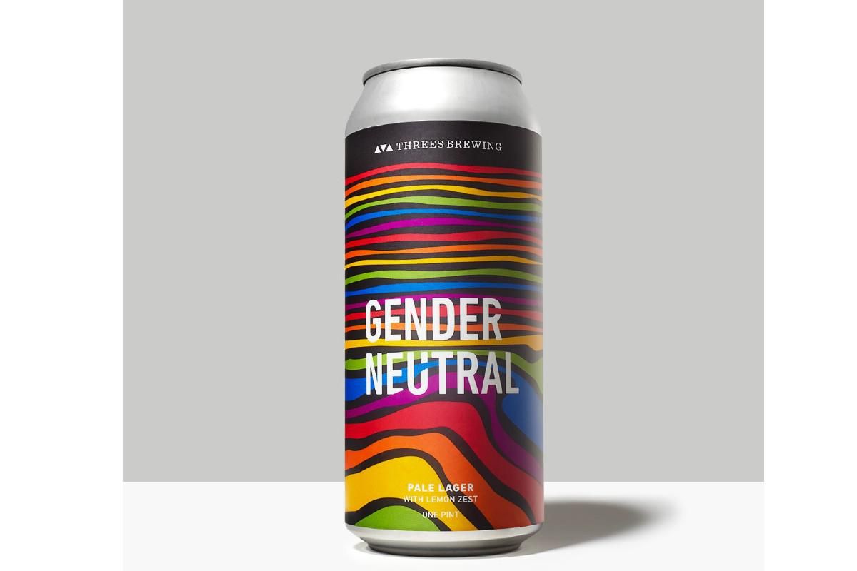 can of gender neutral beer with rainbow colored waves on the can
