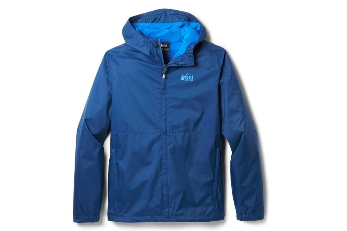 blue REI groundbreaker rain jacket with hood.