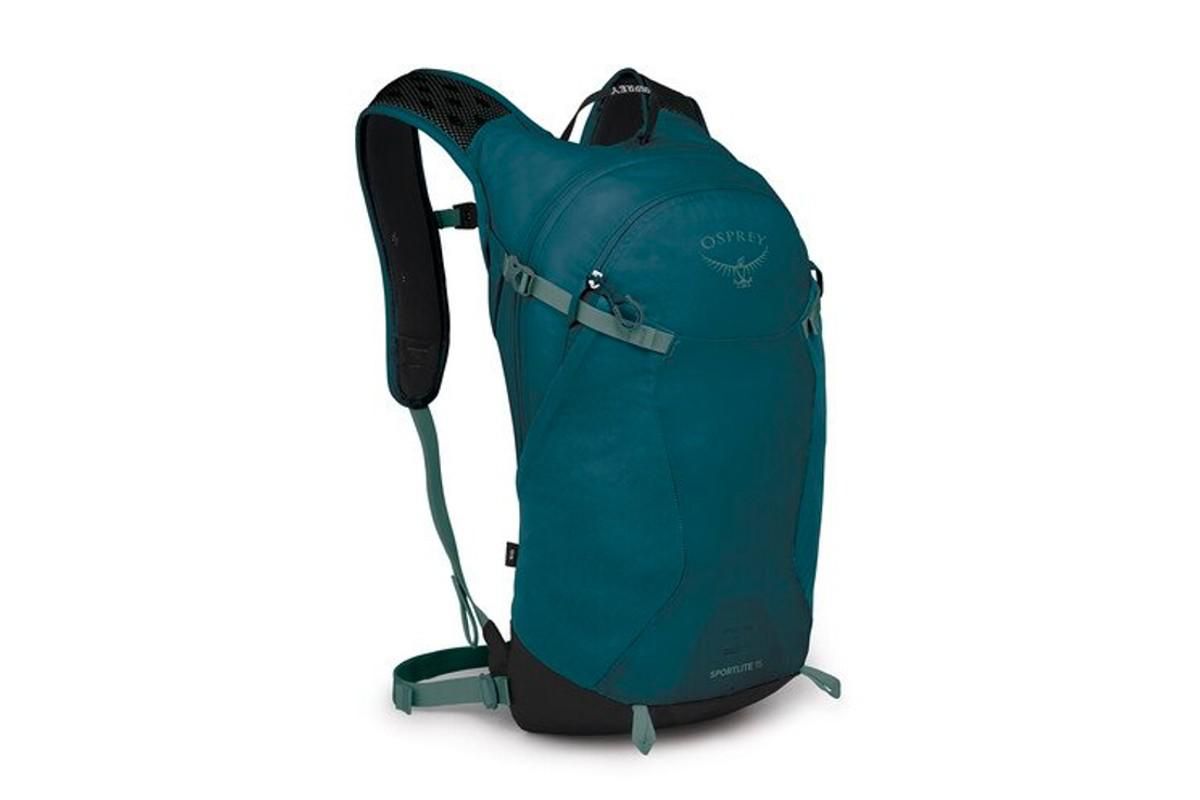 an teal colored osprey backpack.