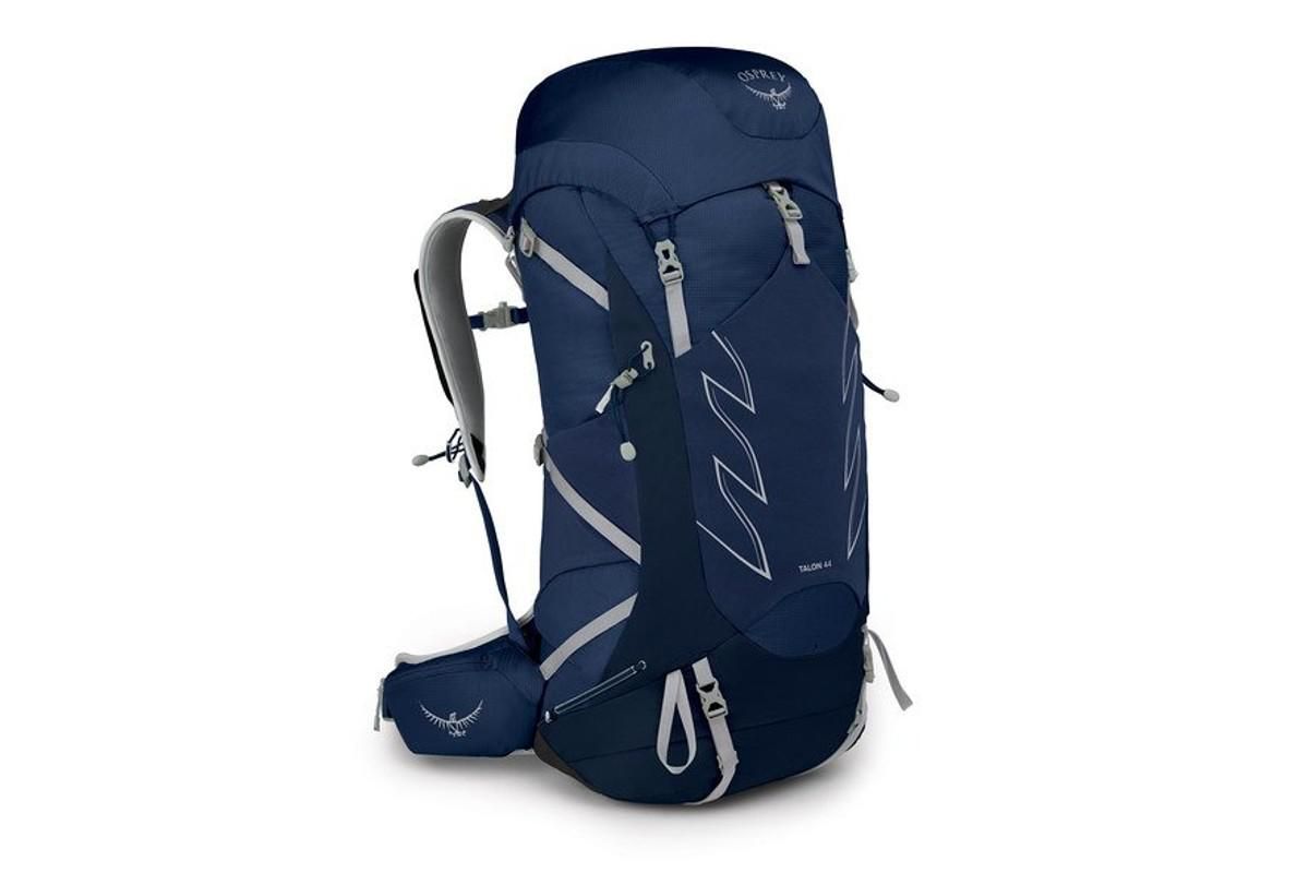 a dark blue osprey talon backpack.