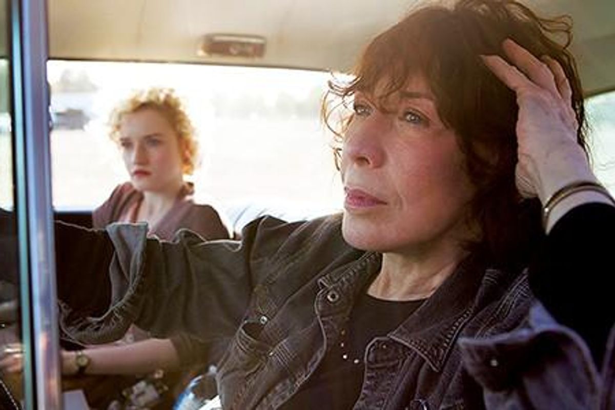 Lily Tomlin and Julia Garner in a car during a scene in the movie Grandma.