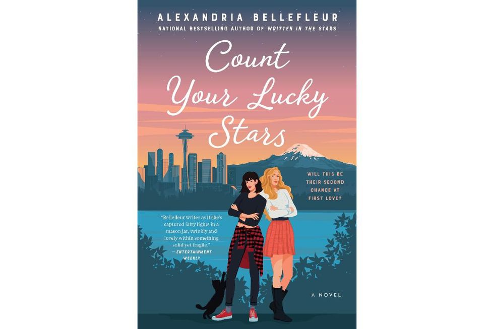 illustrated book cover ot Count Your Lucky Stars with two women leaning against each other with Seattle as a backdrop.