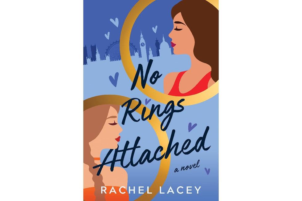 illustrated book cover of No Rings Attached with two women inside two rings.