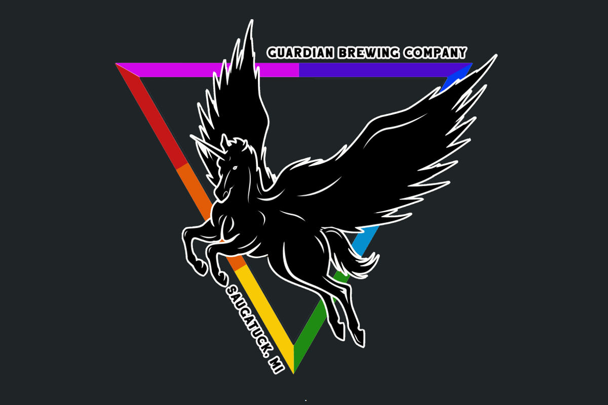 Guardian Brewing Company logo with a rainbow-outlined and inverted triangle with a winged unicorn.