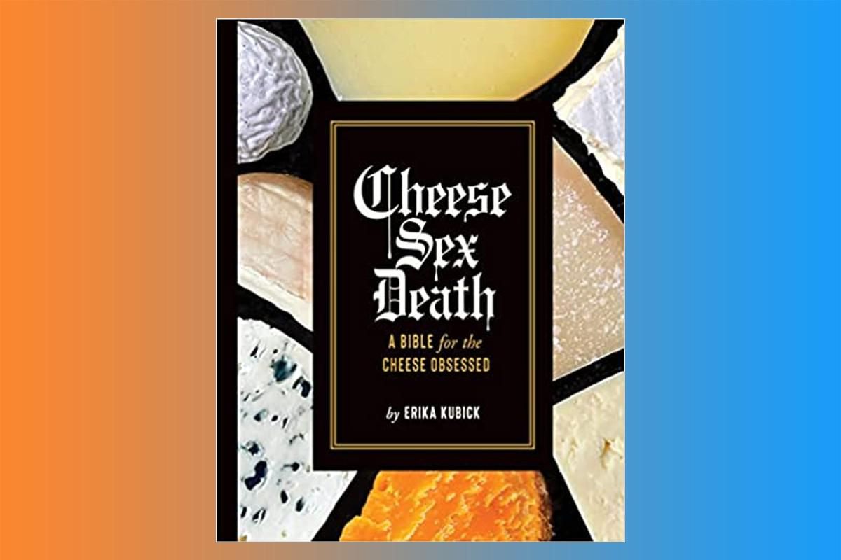 orange and blue background with Cheese Sex Death book cover.