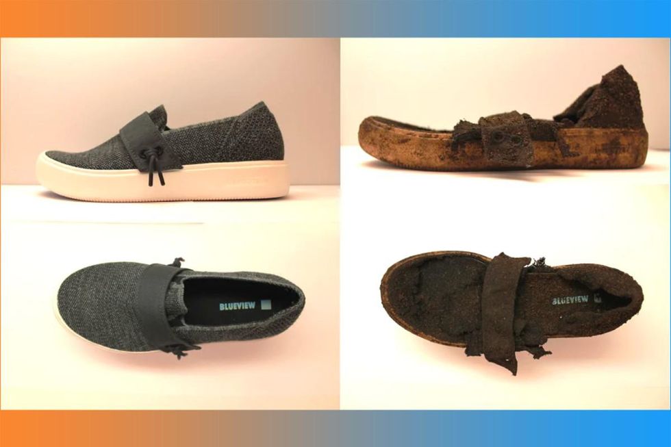 Four BLUEVIEW Pacific Shoes shown before and after composting.