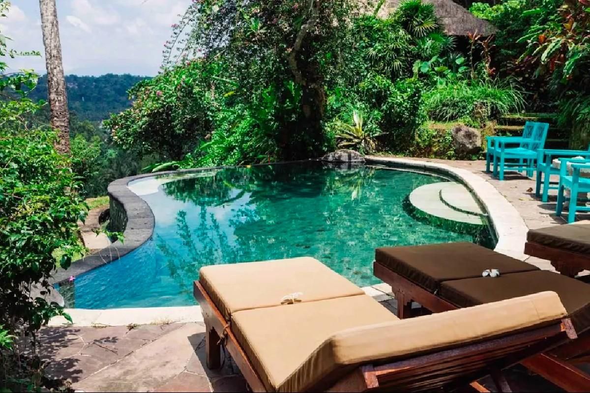 lounge chairs overlooking a pool with mountains and a jungle in the background.