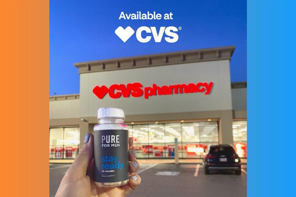 Pure for Men Stay Ready bottle in front of a CVS Pharmacy store