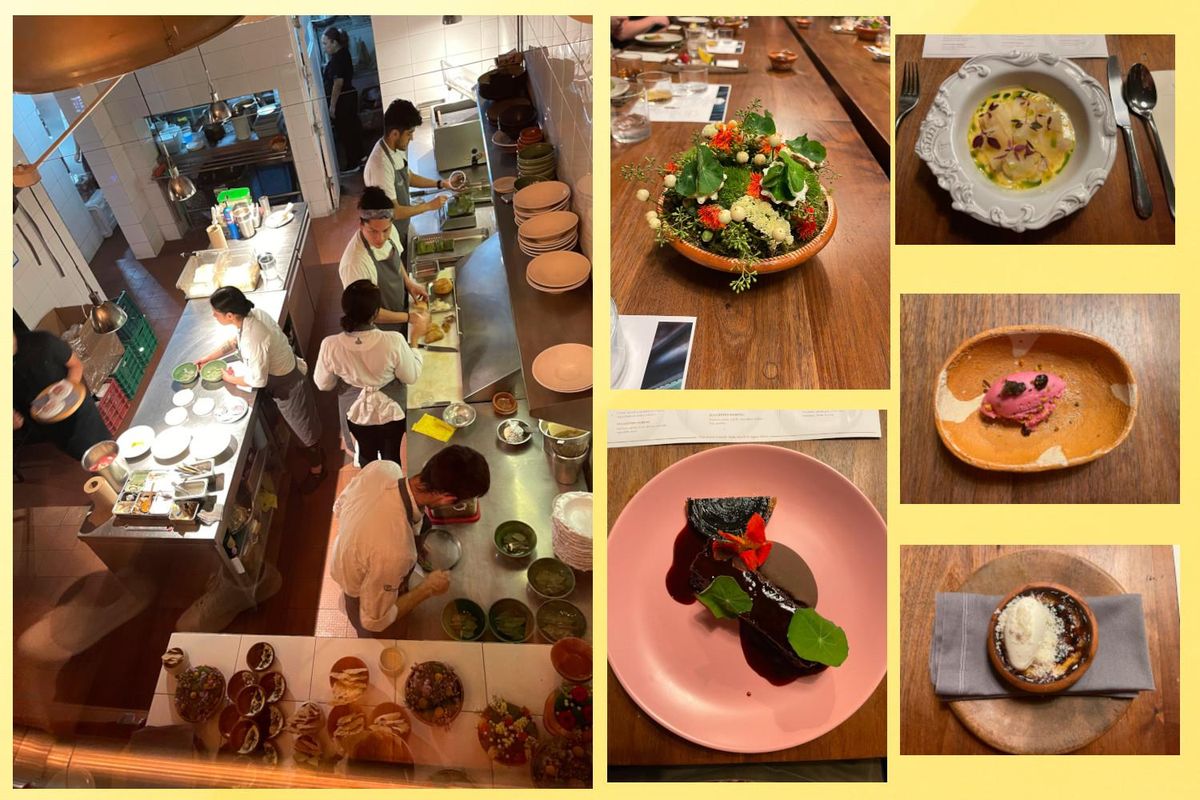 collage of restaurante Alcalde's kitchen and dishes from the tasting menu.