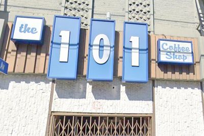 Cafe 101 blue marquee with early sixties lettering