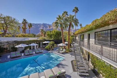 swimming pool and lounge chair view at Descanso Resort in Palm Springs.