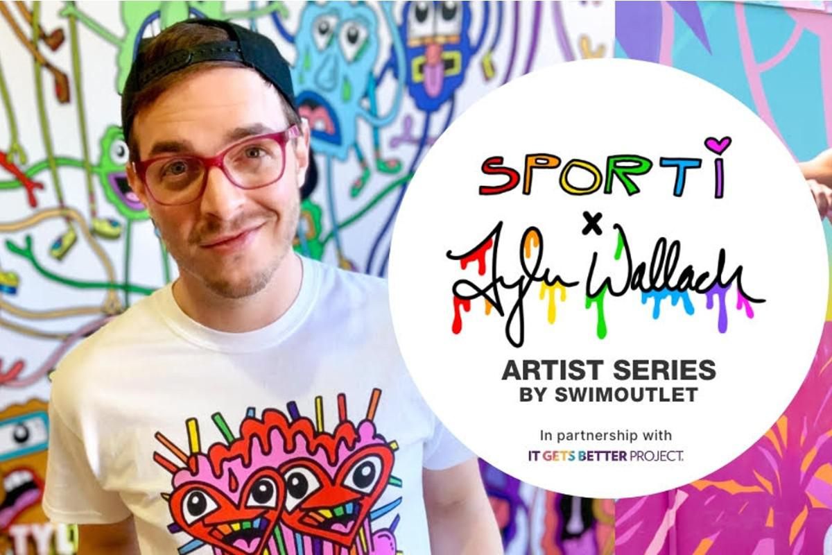 Artist Tyler Wallach in a t-shirt, baseball cap, next to text about his collaboration with swimoutlet.