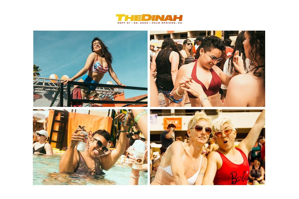 collage of women in swimsuits dancing, swimming, and posing.