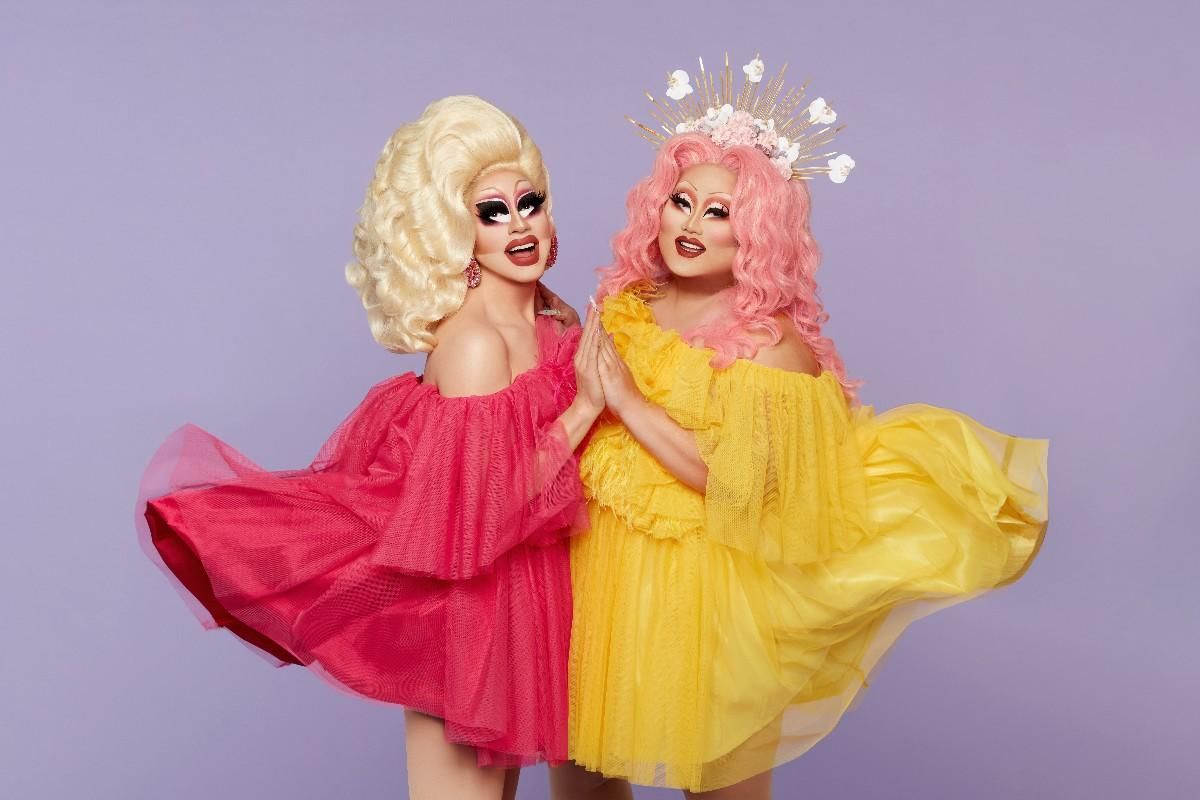 Trixie Mattel and Kim Chi posing for the camera.